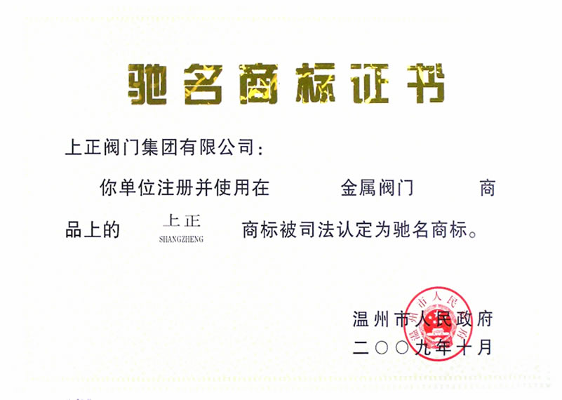 馳名商標(biāo)證書(shū)
